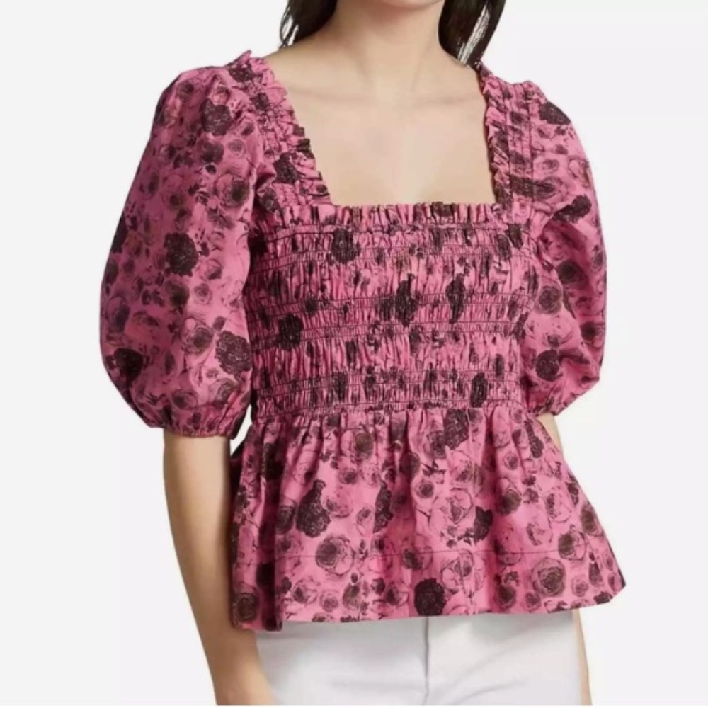 GANNI Pink and Black Floral Smocked Cotton Top -  Sz 38  US 6